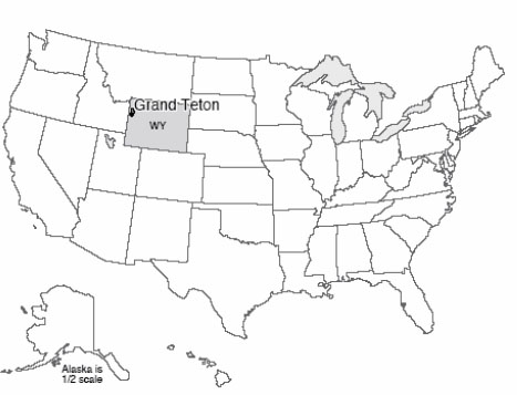 Map of U.S. with Grand Teton National Park highlighted along the northern portion of the western border of Wyoming.
